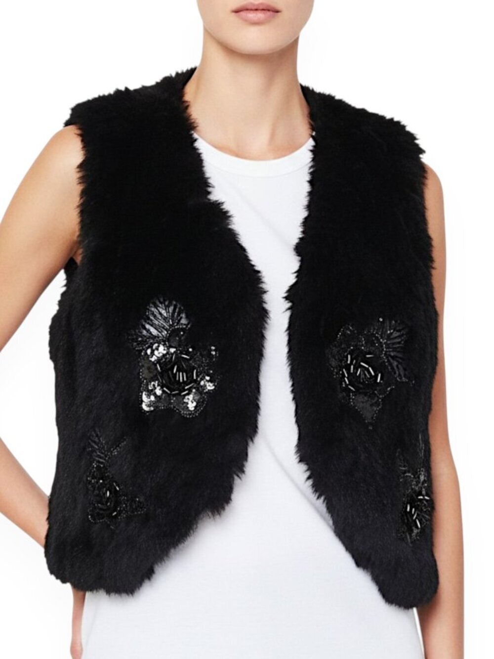 Funky East Black Lux Real Rabbit Fur Sequined Beaded Vest Jacket Boho M